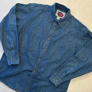 🎸 Vintage 90s Protest Blues Denim Work Shirt L Grunge Utility Skater